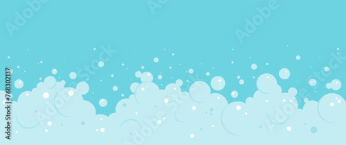 Cartoon foam bubble blue background, bath soap border, shower water pattern, laundry transparent suds. Wash vector frame. Abstract illustration