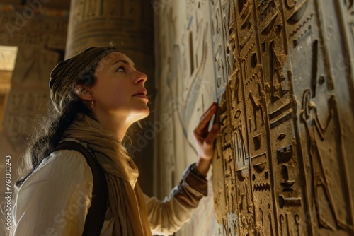 A young female explorer studies intricate wall carvings in an Egyptian tomb with awe