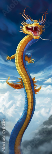 dragão de boca aberta, de cor azul e amarelo, com braços, no céu azul com nuvens em arte ilustrativa
