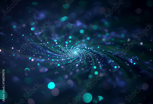 Formation of abstract vortex of blue and green particles, spiral motion, fractal design, Fibonacci numbers symbolizing global connectivity in the world of blockchain technology.