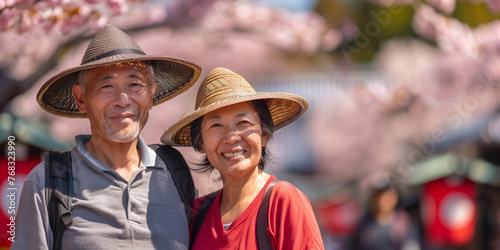 Happy senior asian couple walking a blossoming sakura park on spring evening. Retired husband and wife having fun outdoors. Retirement hobby and leisure activity for elderly people.