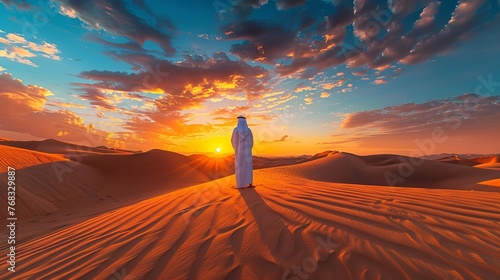 An Arab man stands alone in the desert, watching the sunset in a moment of reflection