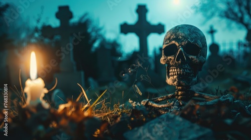 Zombie Party Invitation: Skeleton Hosts Halloween Bash in Cemetery