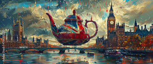 Surreal London Skyline with a British Flag Teapot Floating Amidst Iconic Landmarks