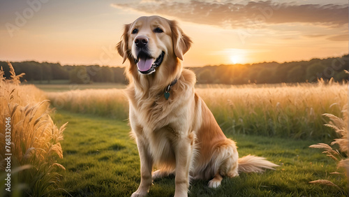 Happy golden retriever dog enjoying outdoors at a large grass field in the beautiful golden light of sunset.