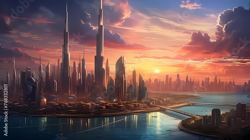 the grandeur of architecture with a panoramic view of a modern city skyline, showcasing the harmonious blend of sleek skyscrapers and historic landmarks under a vibrant sunset sky