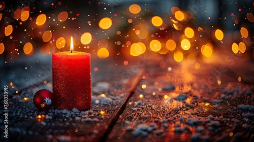 Christmas Advent Candle on Wooden Table with Glittering Bokeh and Decoration Lights