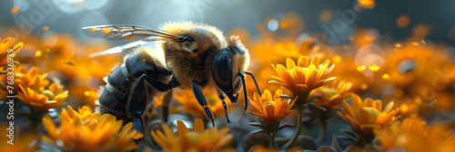 Bees pollinate food crops, cute 3D anime style, Busy honey bee working in the meadow collecting pollen from flowers 