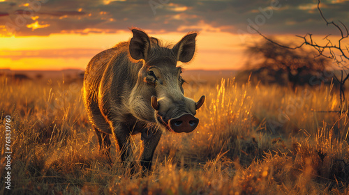African Warthog walking through the savanna on a sunset