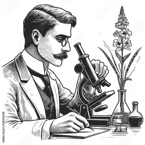 vintage scientist with microscope, surrounded by laboratory equipment and flora sketch engraving generative ai fictional character vector illustration. Scratch board imitation. Black and white image.