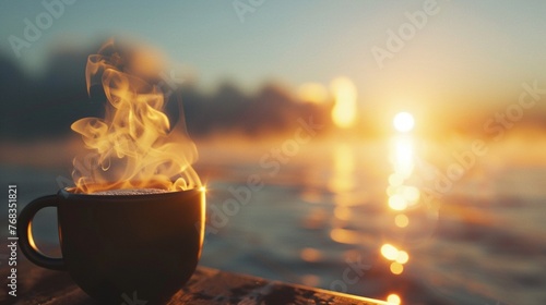Steam rising from a hot drink with sunrise in the background, new beginnings hyper realistic