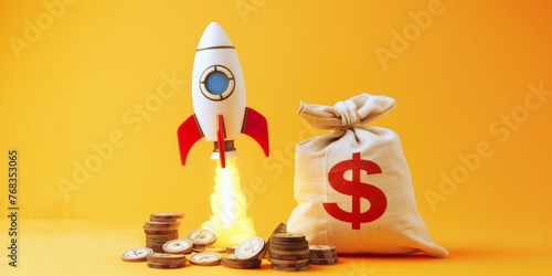 Rocket and bag of money on yellow background, startup concept