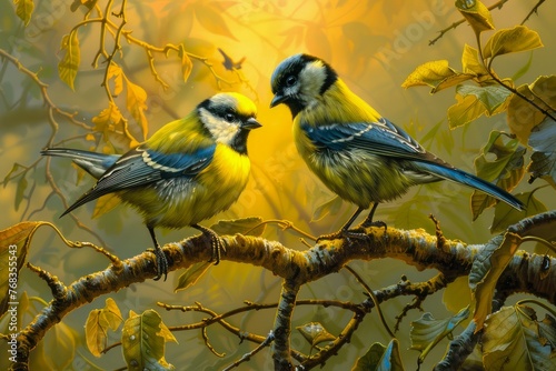 Two Vibrant Blue and Yellow Great Tits Perched on a Branch in a Sunlit Forest