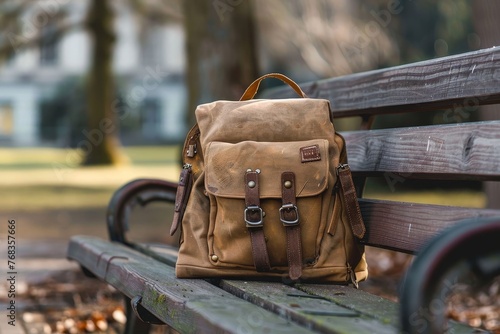 This timeless backpack made of canvas and leather accents sits alone on an empty bench, symbolizing the readiness for an impromptu trip or adventure