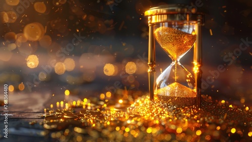 Surreal 3D scene of hourglasses with sand turning into gold, representing investment over time