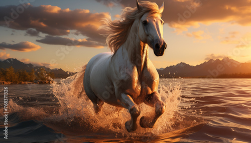 Beautiful horse running wallpaper image background created with a generative ai technology