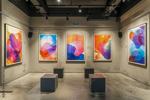 Modern Art Gallery Interior with Colorful Abstract Paintings Display and Minimalist Benches