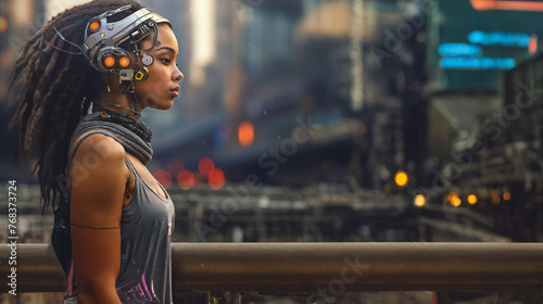 a thoughtful young attractive woman half-robot or a humanoid android with artificial intelligence parts or a technological upgrade as human evolution, mechanical body parts