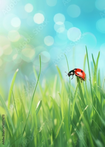 Beautiful spring background with a ladybug on green grass and a blue sky. Spring nature concept