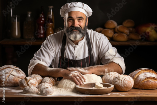 Smiling German chef wearing traditional chef costume makes bread dough on wooden table with kitchen background created with Generative AI Technology