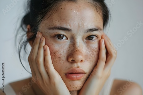 Asian woman with worried expression touching her face with dark spots possibly melasma or freckles. Concept Skin Concerns, Melasma, Freckles, Worry, Asian Woman