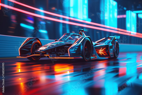 Futuristic Race Car Speeding with Blurred Neon Lights in the City