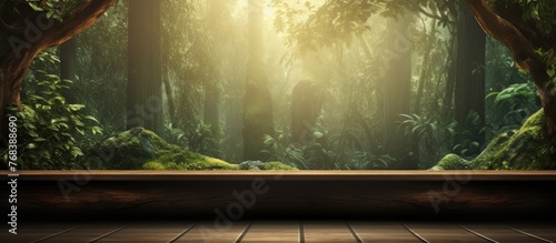 A wooden table placed in the heart of a vibrant green forest, surrounded by terrestrial plants and lush grass. The natural landscape creates an artistic atmosphere in this serene setting