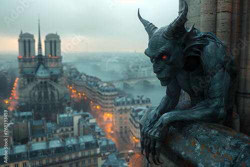 A commanding gargoyle statue surveys its surroundings, silhouetted against a skyline reminiscent of the historic Parisian Notre-Dame architecture.