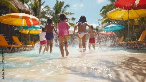 A group of children running and playing in a shallow pool which is entirely powered by solar energy. Palm trees and colorful umbrellas . AI generation.
