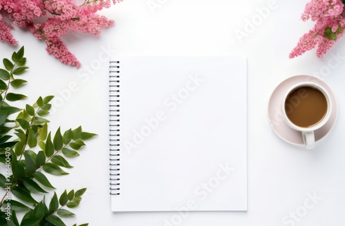 Blank white spiral notebook on table surrounded by coffee and green leaves, in flat lay photography style with minimalist aesthetic, taken from top view perspective on white background.