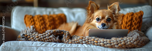 Chihuahua Working on Laptop in a Cozy Cafe, Cute welsh corgi pembroke dog with laptop in bed, Cute dog watching a movie on a laptop scree