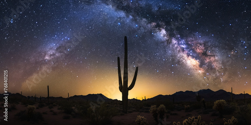 The sky is aglow with stars over a desert landscape, highlighting the silhouette of a Saguaro cactus