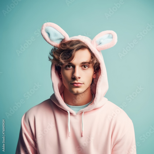 Portrait of a Handsome Young Man in a pink hoodie and Bunny Ears on a blue background. Cute Guy in Easter Bunny or Rabbit or Hare costume