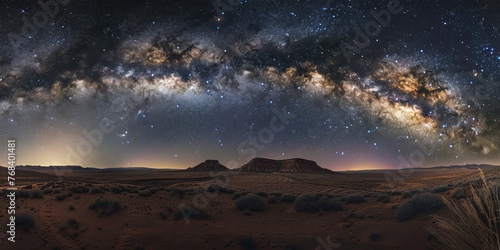 Stunning panorama of the Milky Way arching over a picturesque desert landscape with sand dunes and distant mountains