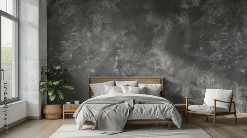 Blank mockup of a sophisticated textured wallpaper in shades of grey adding depth and sophistication to a modern and minimalist bedroom.