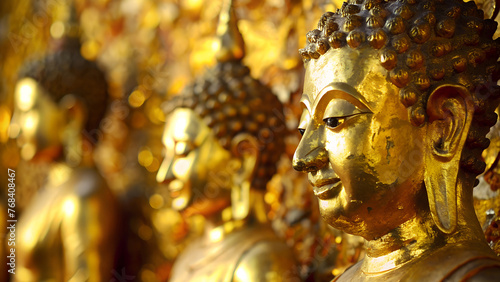  a row of golden Buddha statues in front of a wall. The statues vary in size and detail