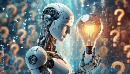 Illustration of an Artificial Intelligence in humanoid form bringing answers to questions. A lit lamp and question mark symbols in the composition.