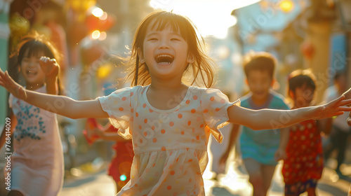 A picture of a little Asian girl on Children's Day, dressed in light colors and grinning broadly as she runs around the streets with other kids in her vicinity.