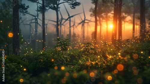 Captivating Sunset Tableau of Wind Turbines Nestled in Lush Forest Wilderness
