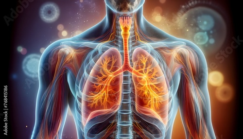 a digitally enhanced, semi-transparent view of a human chest highlighting the bronchial tree within the lungs in vivid orange and yellow, against an artistic background with abstract celestial motifs.