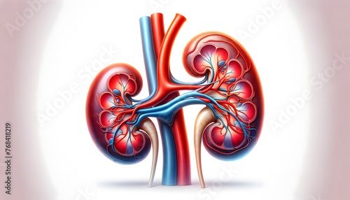 pair of human kidneys, showcasing the renal arteries and veins and the internal structure of the renal cortex and medulla. 3d illustration.
