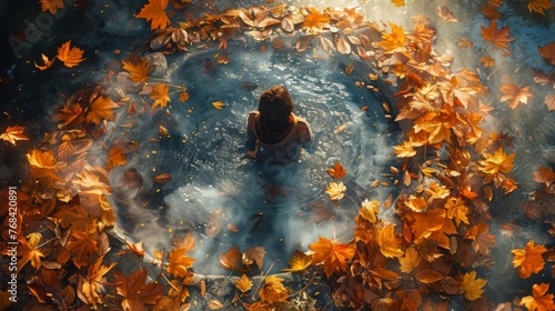 A birdseye view of a person tossing coins into a wishing well surrounded by falling autumn leaves.