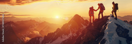 Here is the image depicting a panoramic landscape featuring both a sunset and a sunrise over majestic mountains, with a silhouette of a hiker and elements of nature and adventure Feel free to click on