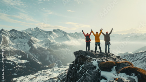 The image can be described as A woman in business attire stands triumphantly atop a snowy mountain peak, symbolizing success and adventure in a vast natural landscape