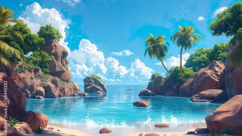 Tropical Island And Bay With Clear Water. Illustration On The Theme Of Travel And Tourism. Illustration On The Theme Of Travel And Recreation, Warmth And Summer. Generative AI 