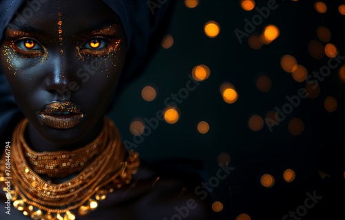 金の装飾が施されたネックレスの黒人女性