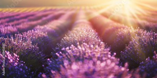 The sun sets over a blossoming lavender field, casting a warm glow and long shadows