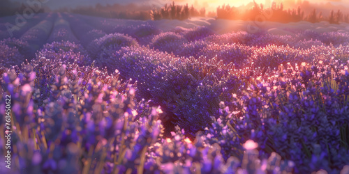 As twilight settles, the lavender field shimmers with a soft, ethereal light