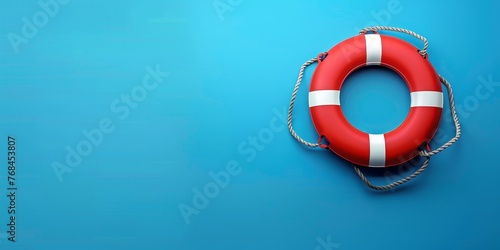 A red life preserver sits on a blue background