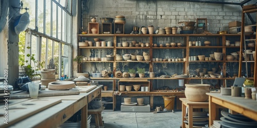 A pottery studio with shelves full of clay pots and vases